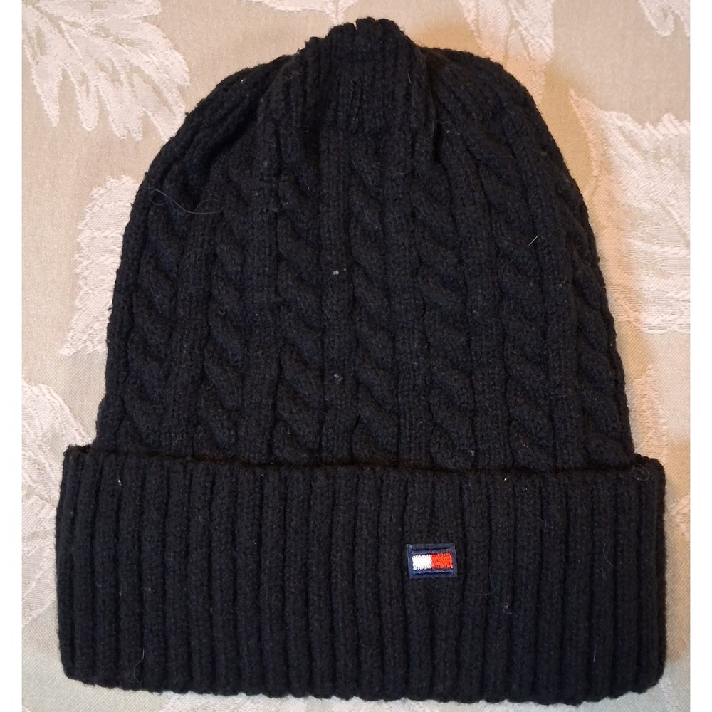 Tommy Hilfiger Black Cable Knit Beanie Hat Ribbed Cuff Flag Logo Winter Cap